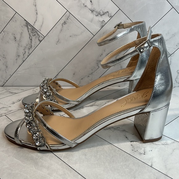 BADGLEY MISCHKA Womens Silver Embellished Buckle Padded Metallic Ankle Strap Ivette Ii Square Toe Sculpted Heel Buckle Leather Dress Heeled